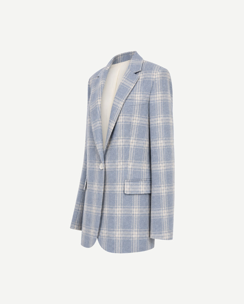 The Tailory New York blue check Loro Piana cashmere silk blazer three quarter view