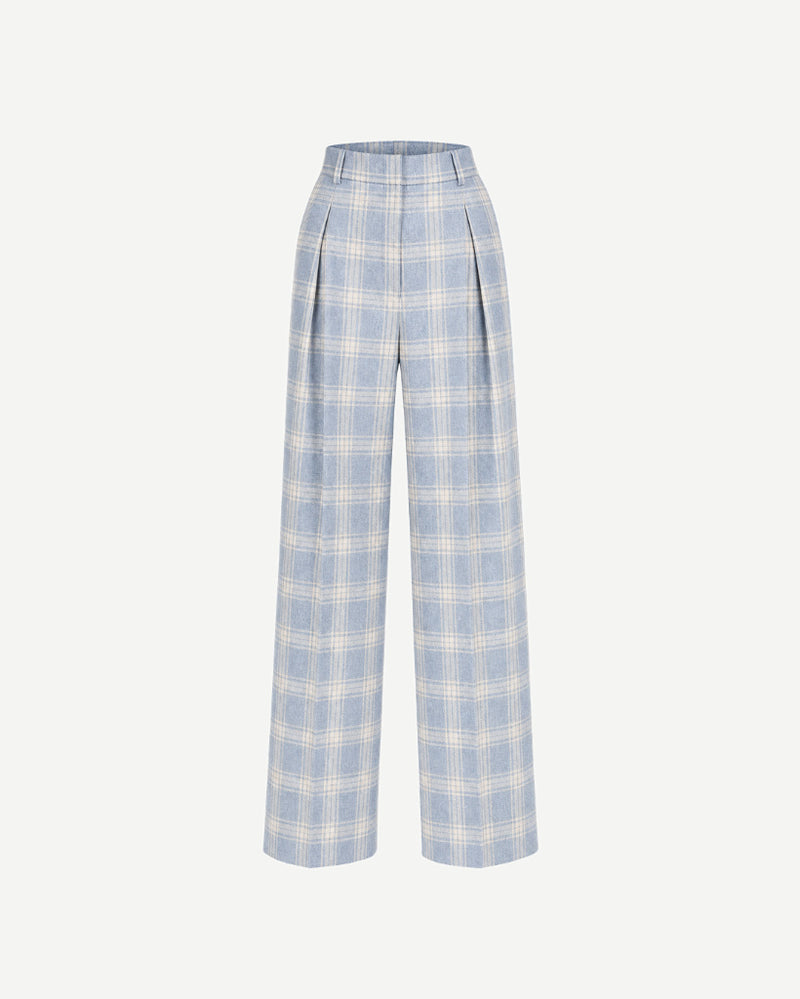 The Tailory New York blue check Loro Piana cashmere silk pleated pants front view