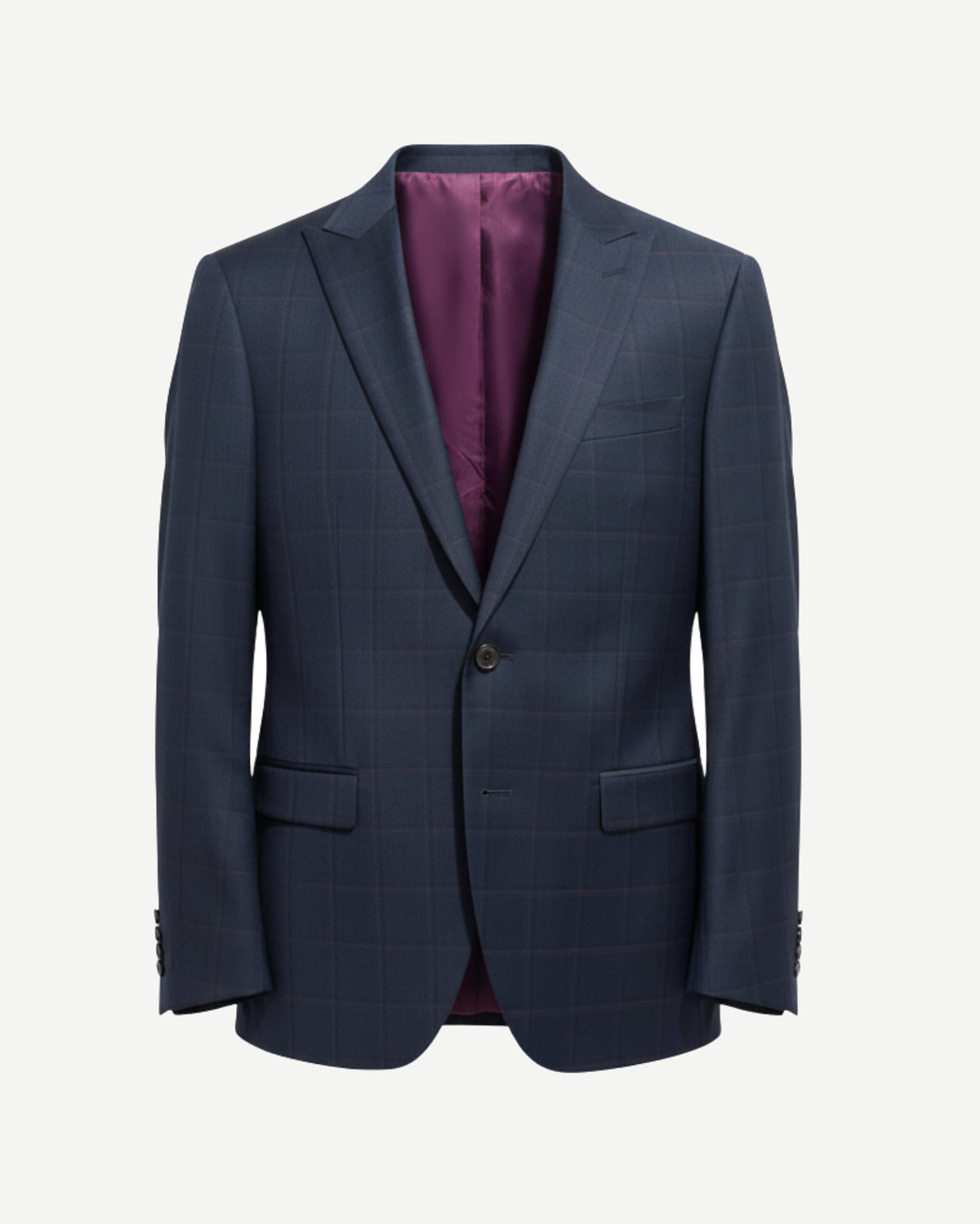Navy Checkered Two-Button Tailored Jacket featuring a subtle check pattern, classic notch lapels, front flap pockets, and a contrasting burgundy satin lining for refined formalwear.
