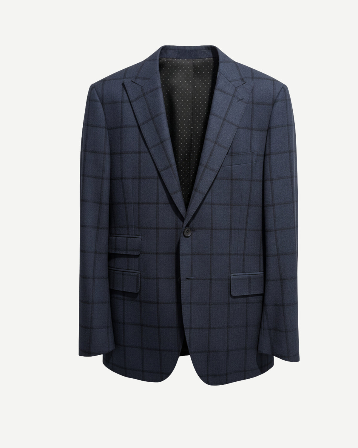 Tailory navy windowpane wool jacket with peak lapels and flap pockets front view