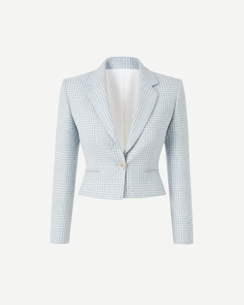The Tailory New York blue houndstooth Loro Piana cropped jacket front view