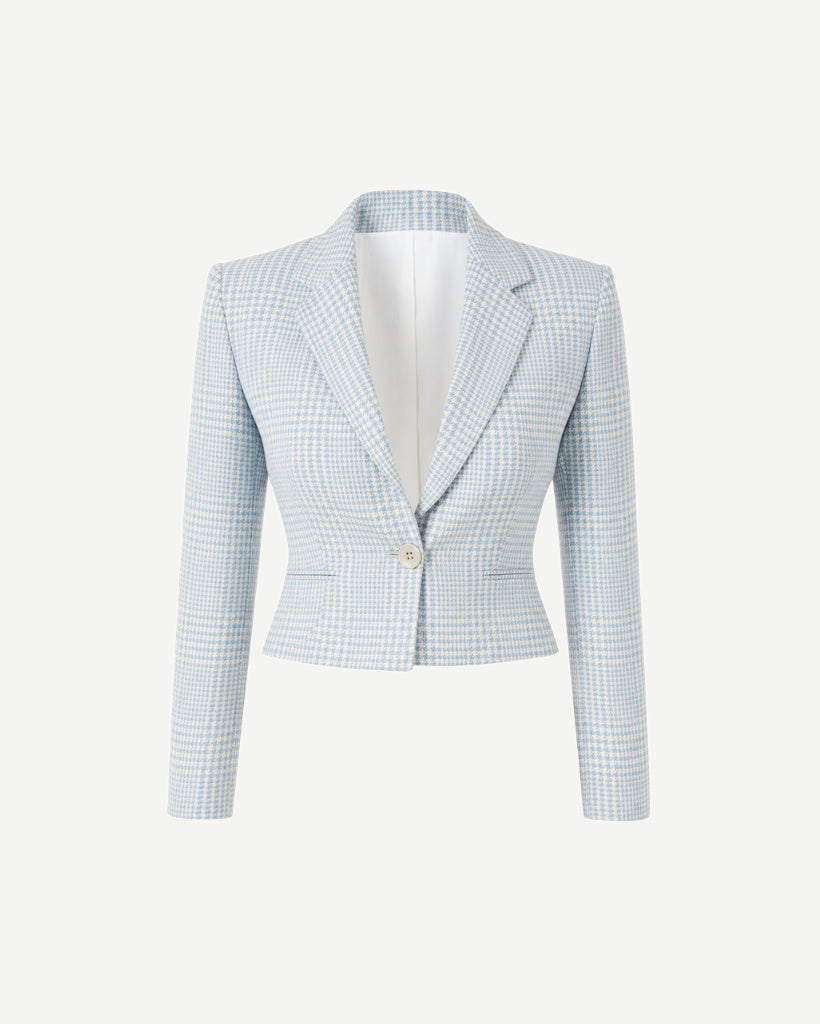The Tailory New York blue houndstooth Loro Piana cropped jacket front view
