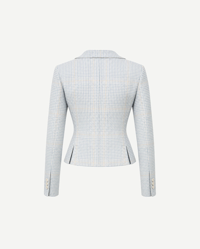 The Tailory New York blue houndstooth Loro Piana cropped jacket back view