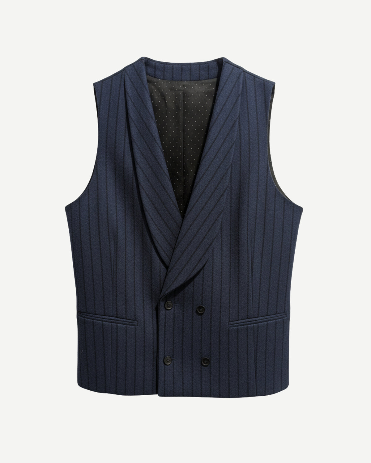 Tailory navy pinstripe double-breasted vest with shawl lapels front view