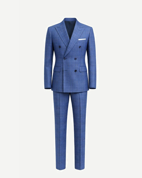 Front view of Blue Plaid Double-Breasted Men's Two-Piece Classics Cut Suit featuring tailored jacket with peak lapels, six-button closure, flap pockets, and matching slim-fit trousers in a refined pattern.