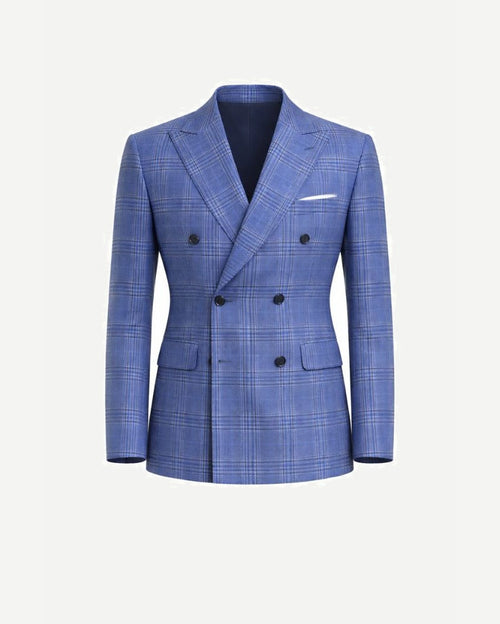 Blue Plaid Men's Classic Cut Jacket with a double-breasted design, featuring a refined plaid pattern in shades of blue, notch lapels, and flap pockets for elegant tailoring.