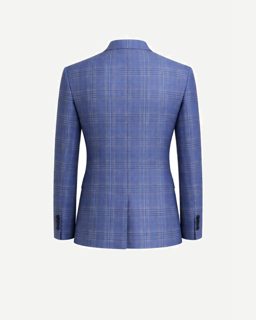 Back view of Blue Plaid Men's Classic Cut Jacket featuring a slim tailored fit, subtle plaid pattern, and clean lines with buttoned sleeve cuffs for a modern, refined look.