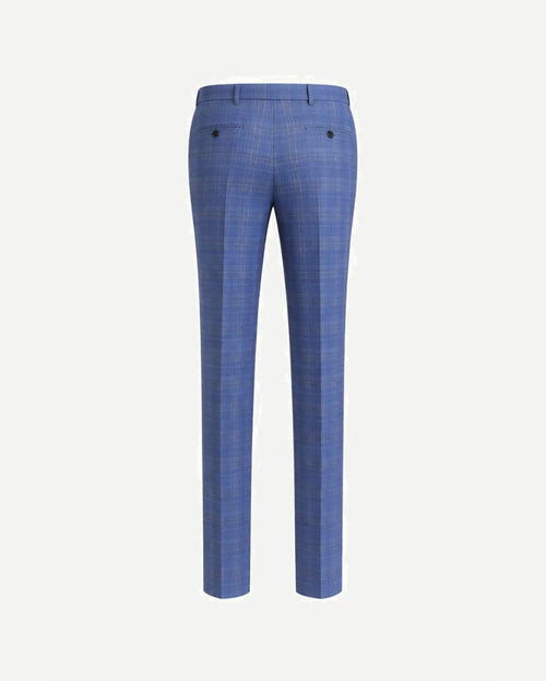 Rear view of Blue Plaid Men's Classic cut Trousers showcasing a slim silhouette with subtle plaid pattern, featuring belt loops and buttoned back pockets for a refined look.