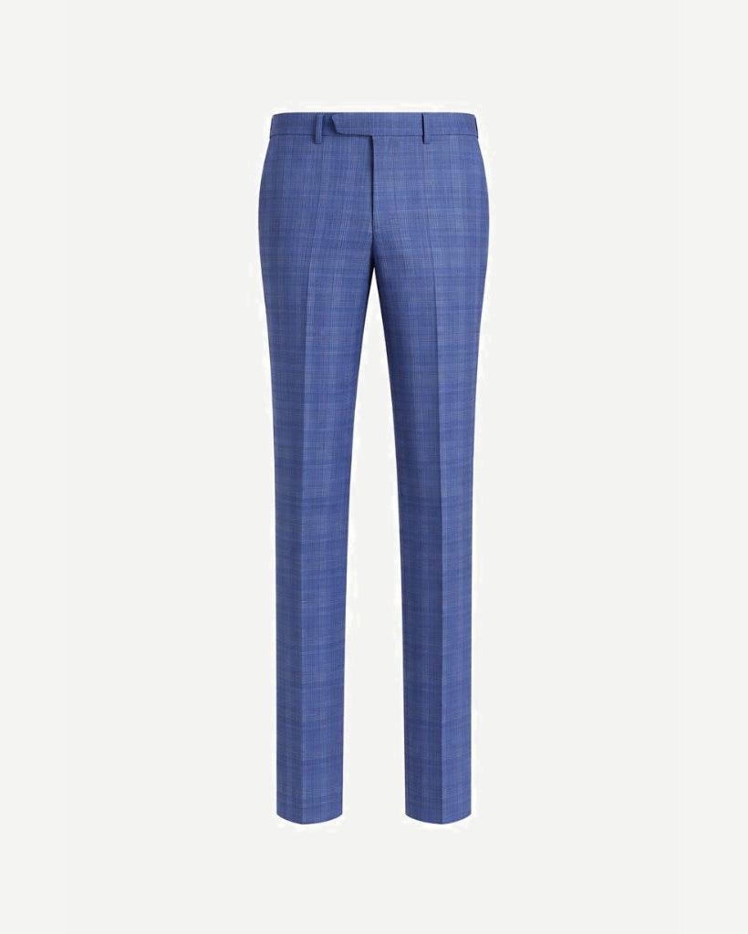 Blue Plaid Men's Classic cut Trousers displayed front-facing, featuring a slim tailored fit with subtle plaid pattern and belt loops for sophisticated menswear styling.