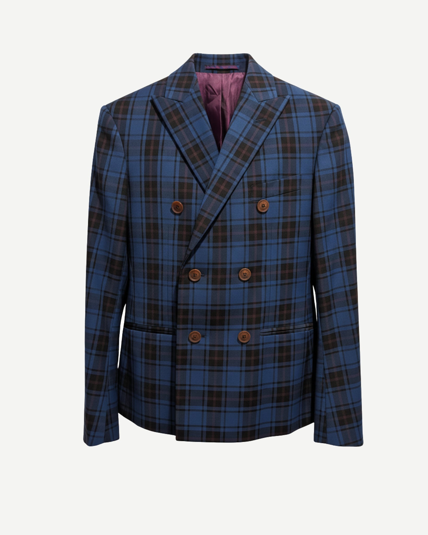 Tailory blue/brown tartan six-button double-breasted blazer front view