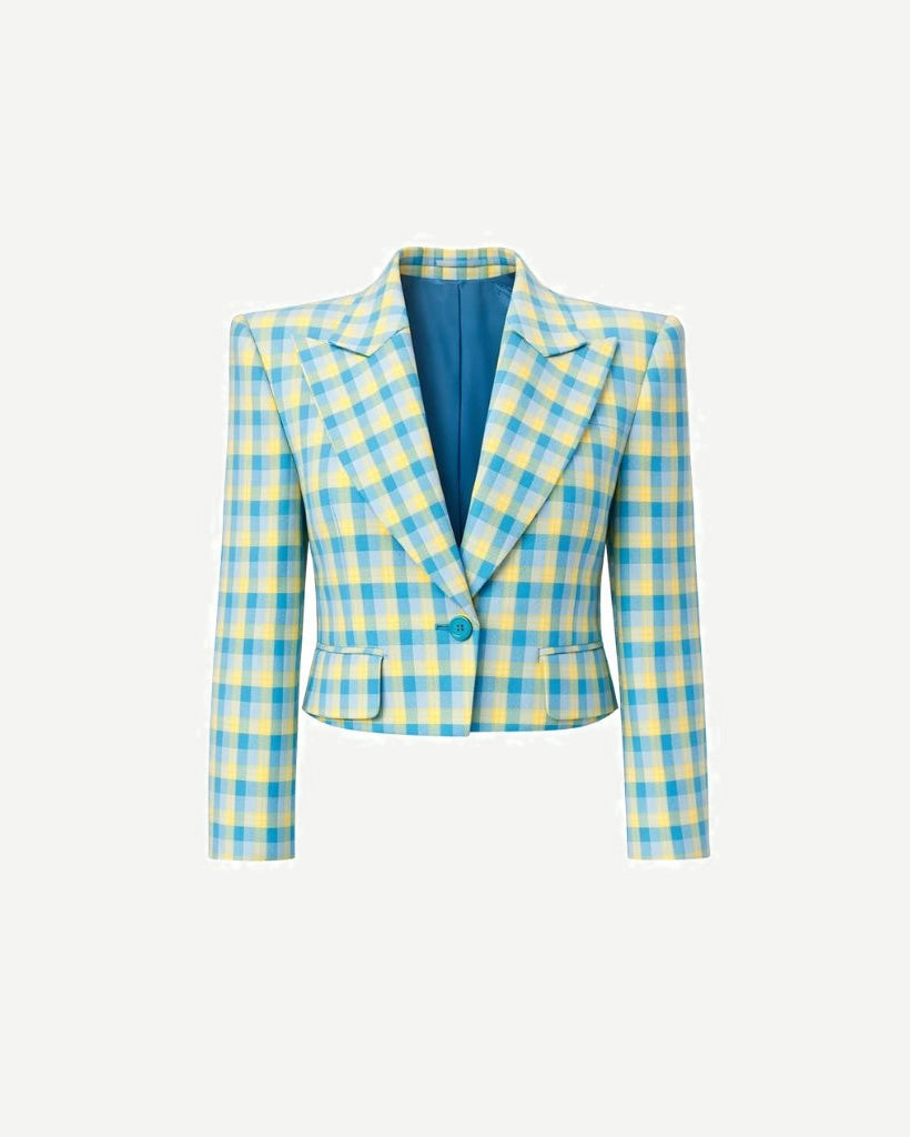 Blue Yellow Gingham Cropped Graphic Jacket featuring a tailored silhouette with sharp lapels, single-button closure, and a vibrant yellow and blue checkered pattern for standout style.