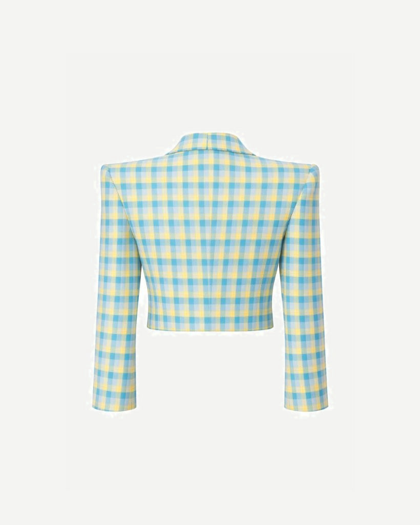Back view of the Blue Yellow Gingham Cropped Graphic Jacket, featuring a structured tailored fit with sharp shoulders and a vibrant pastel check pattern for a standout look.