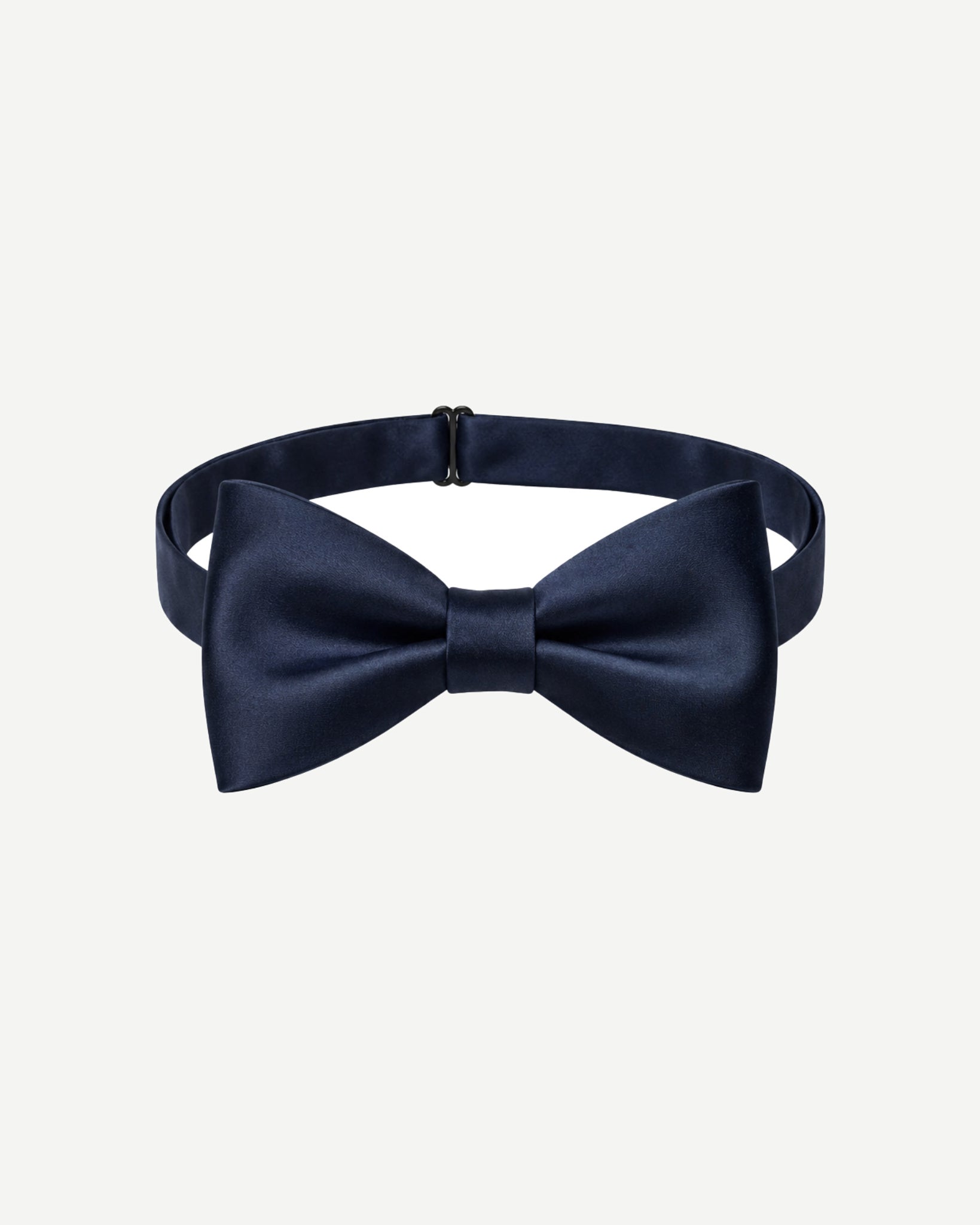 Front view of navy satin pre-tied bow tie with structured butterfly shape and adjustable neck strap