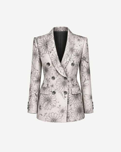 Brunello Cucinelli White Floral Graphic Jacket featuring a double-breasted silhouette with detailed monochrome floral motifs on a crisp white fabric, tailored for a structured fit.