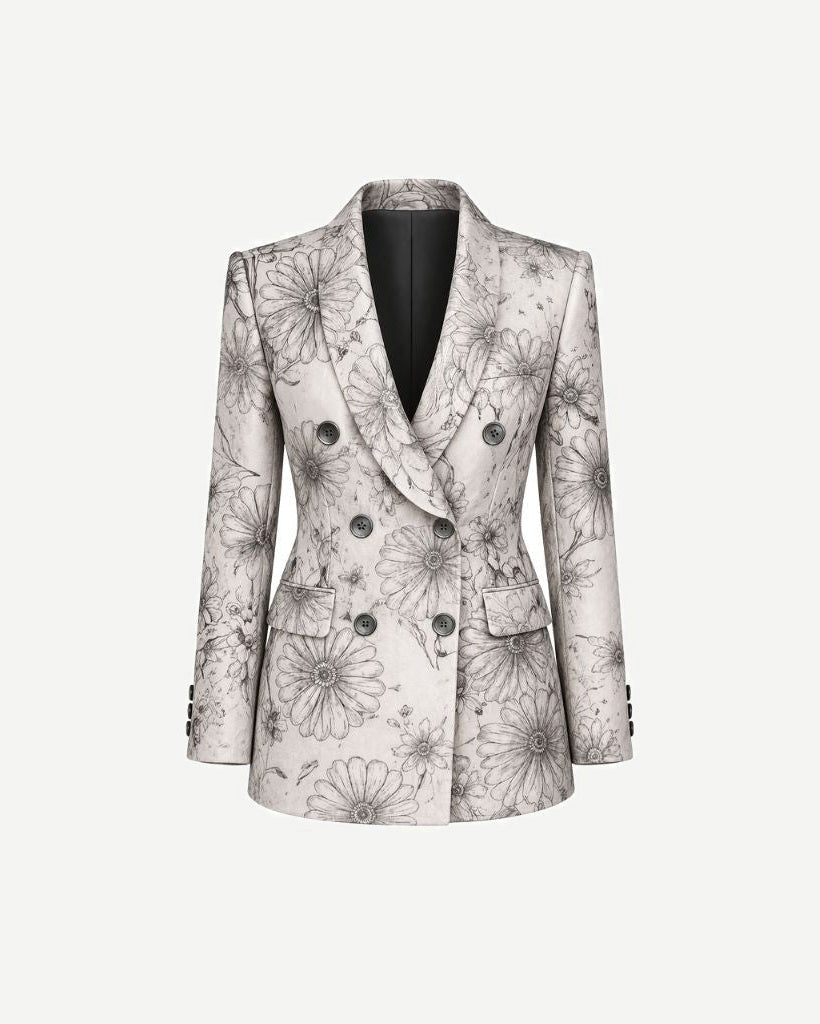 Brunello Cucinelli White Floral Graphic Jacket featuring a double-breasted silhouette with detailed monochrome floral motifs on a crisp white fabric, tailored for a structured fit.