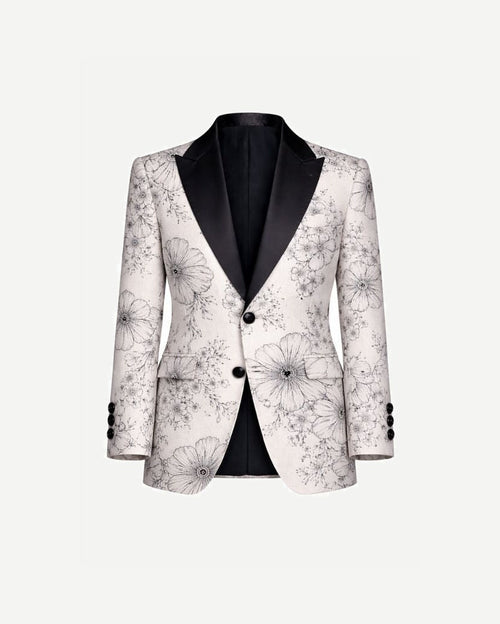 Brunello Cucinelli White Floral Graphic Tuxedo Jacket featuring a tailored fit with intricate monochrome floral illustrations and contrasting black satin peak lapels for refined formalwear.