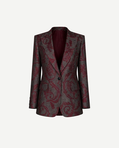 Burgundy Baroque Velvet Graphic Jacket featuring an intricate baroque velvet pattern in rich burgundy tones, tailored with structured shoulders and a single-button closure for sophisticated eveningwear.