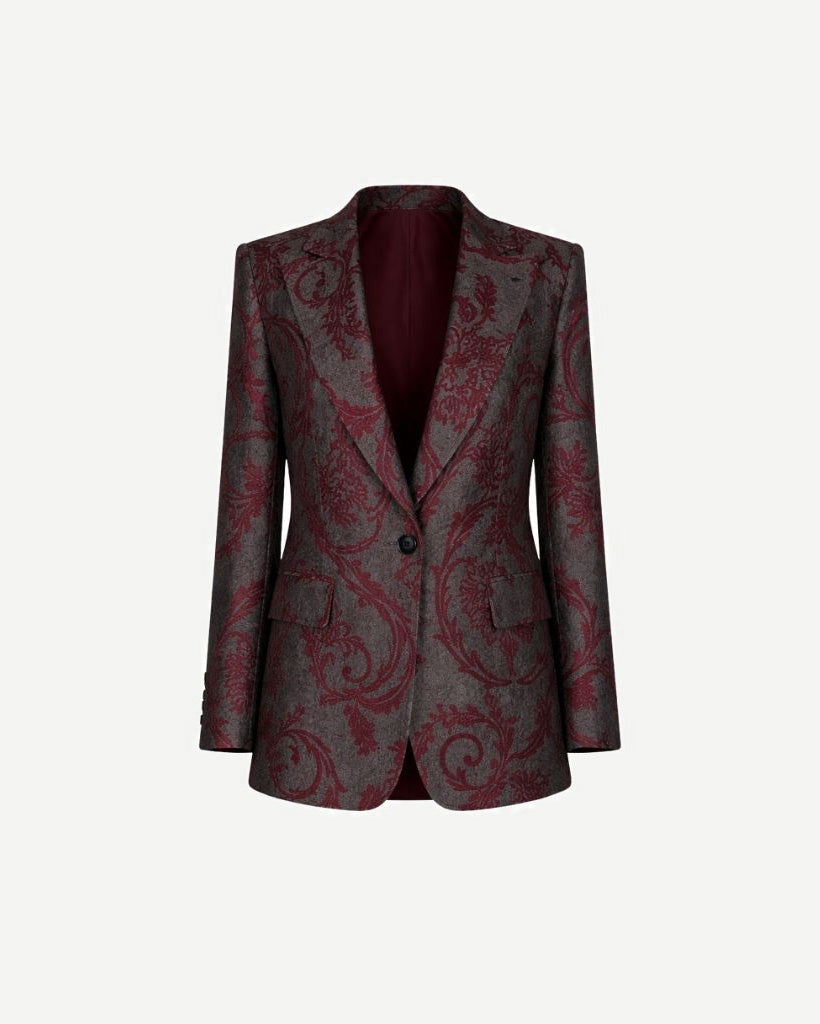 Burgundy Baroque Velvet Graphic Jacket featuring an intricate baroque velvet pattern in rich burgundy tones, tailored with structured shoulders and a single-button closure for sophisticated eveningwear.