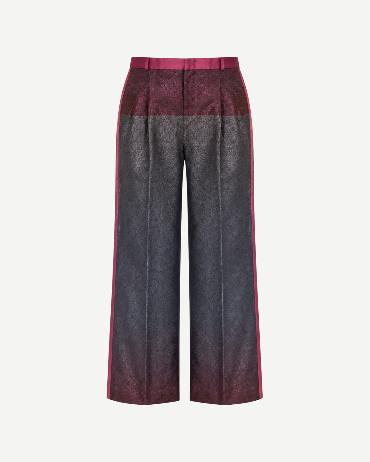 The Tailory New York burgundy charcoal jacquard tuxedo pants front view