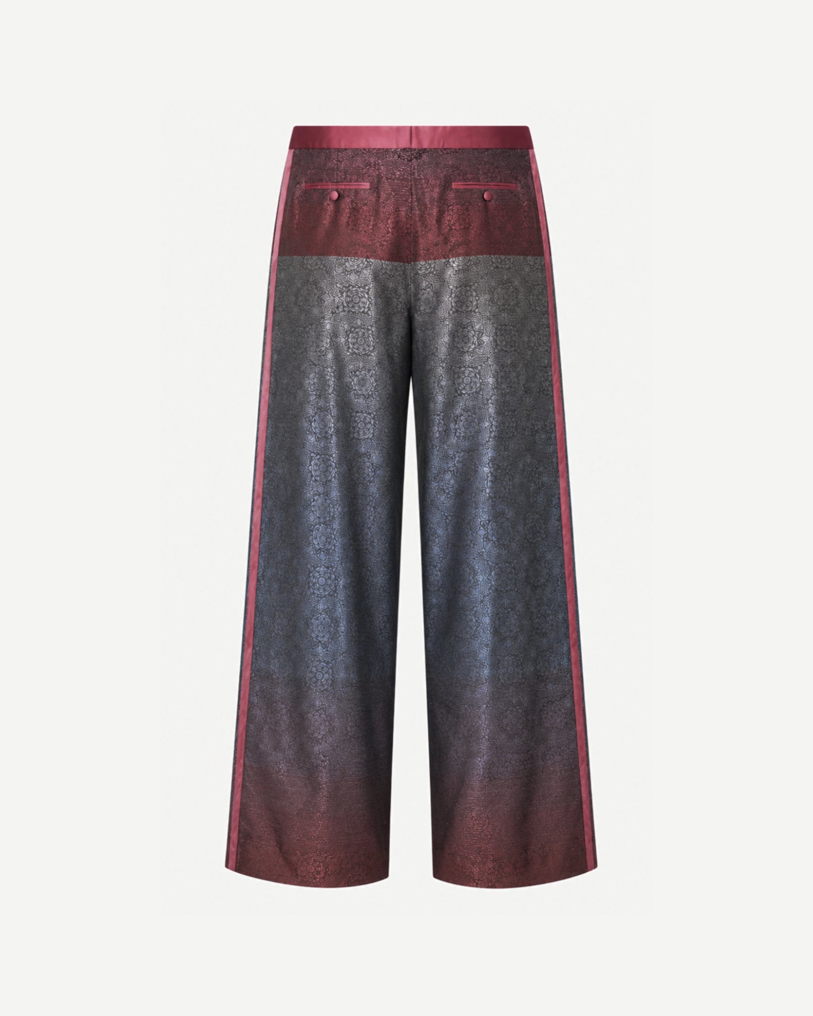The Tailory New York burgundy charcoal jacquard tuxedo pants back view