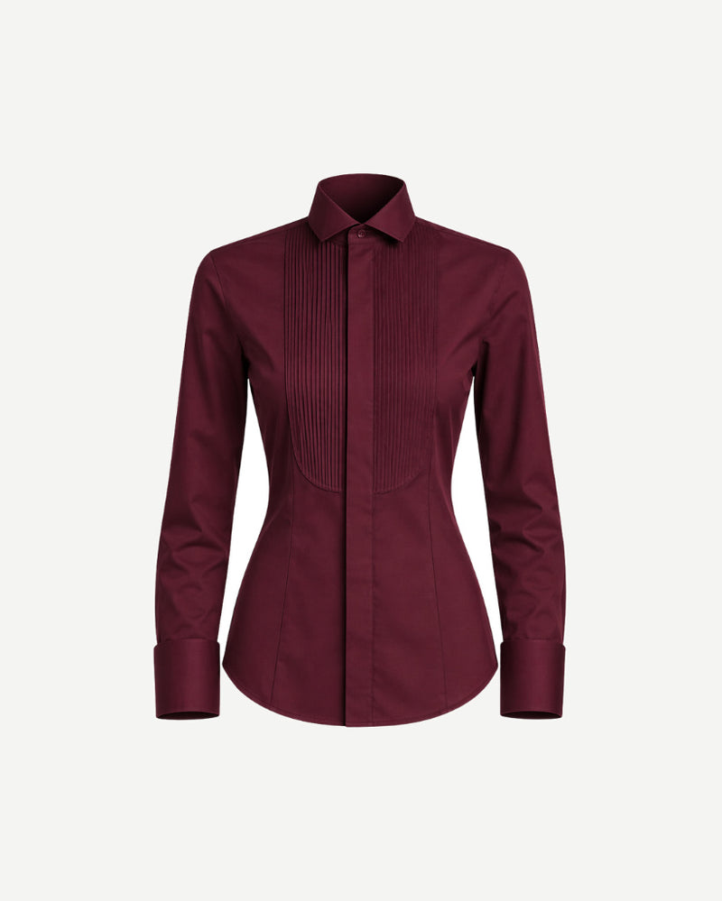 Tailory burgundy cotton tuxedo shirt pleated bib front view