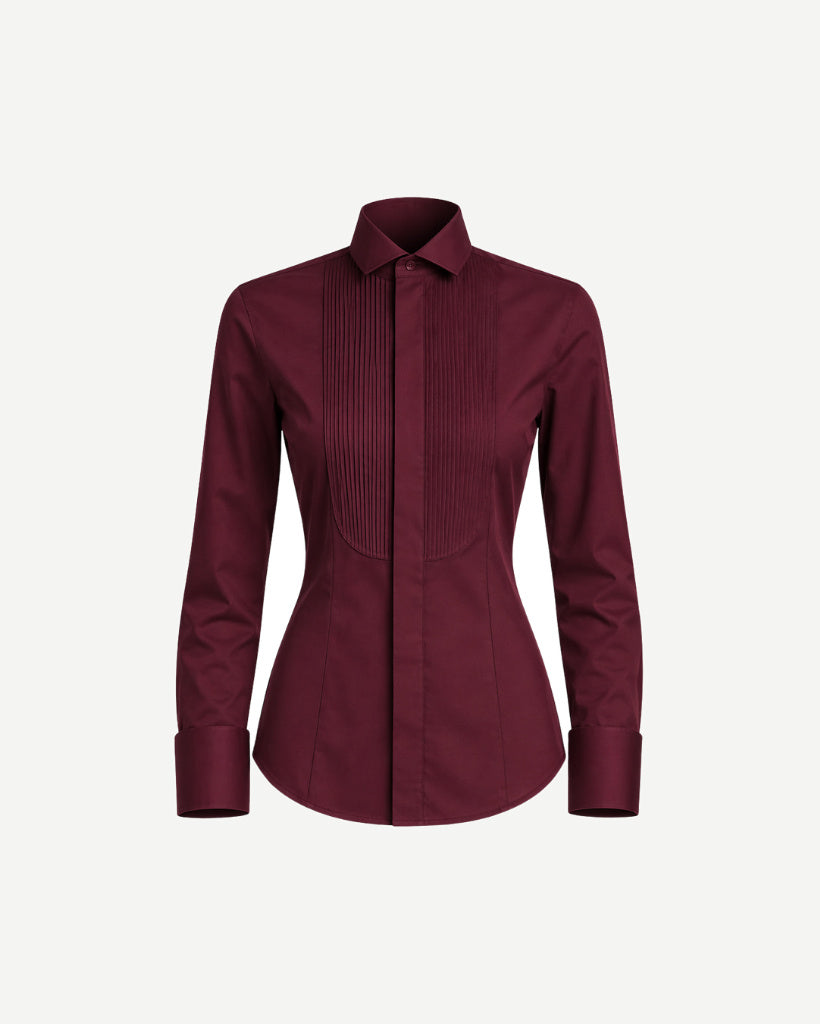 Tailory burgundy cotton tuxedo shirt pleated bib front view