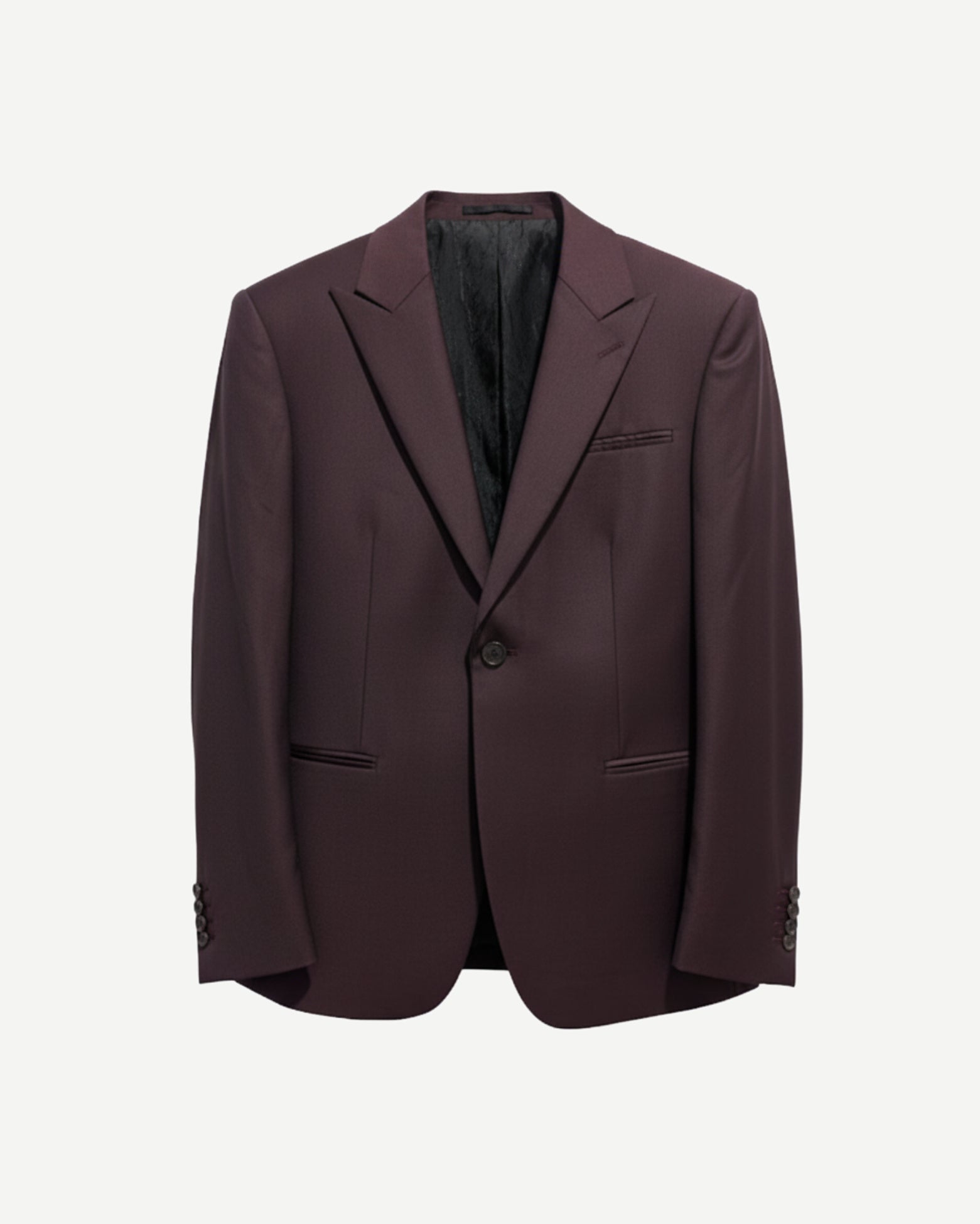 Tailory burgundy peak-lapel single-button blazer with tonal piping, front view.