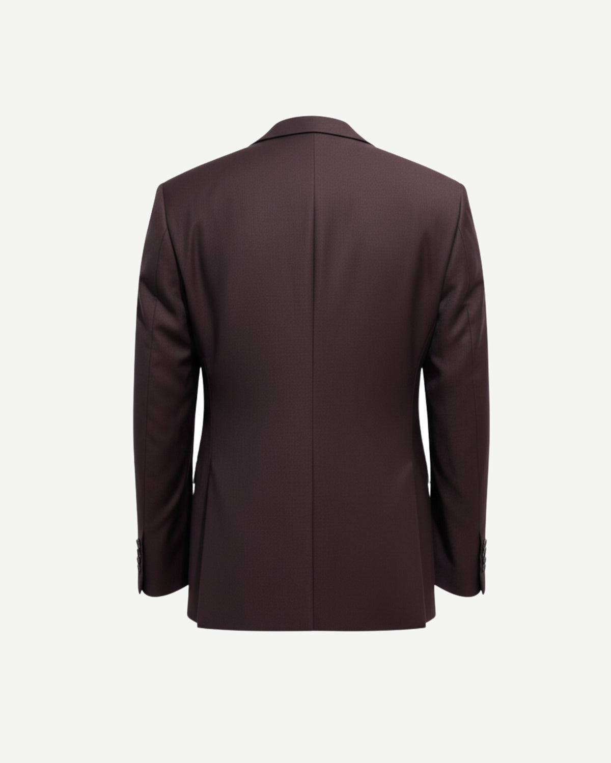 Tailory burgundy peak-lapel single-button blazer with tonal piping, back view.