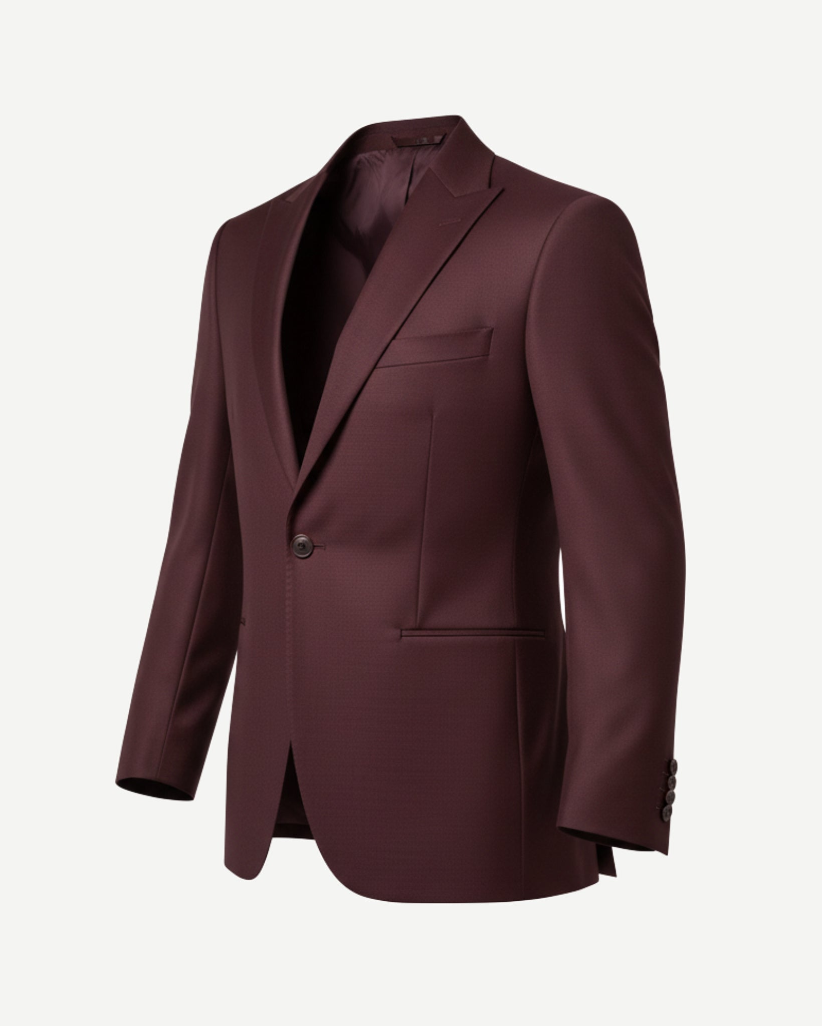 Burgundy Wool Blazer tailored with a single-button closure, sharp notched lapels, and structured shoulders, crafted from smooth fabric for refined, modern formalwear.