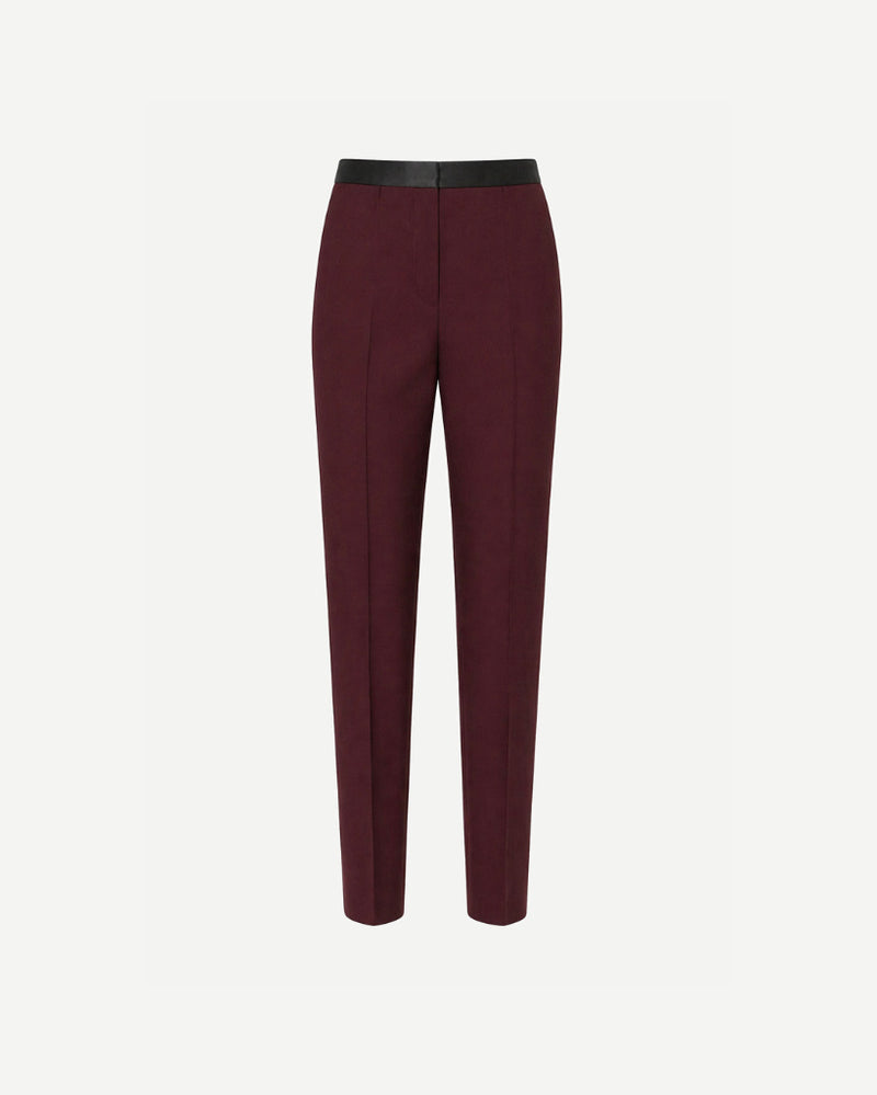 Burgundy Wool Satin-Waistband Tailored Trousers featuring a sleek, tapered fit with a smooth satin waistband, crafted from rich wool for refined, gender-neutral suiting.
