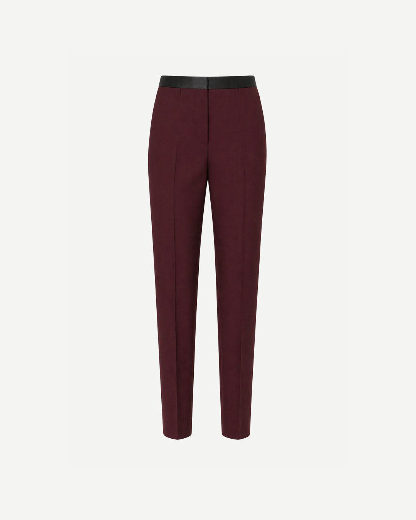 Burgundy Wool Satin-Waistband Tailored Trousers featuring a sleek, tapered fit with a smooth satin waistband, crafted from rich wool for refined, gender-neutral suiting.
