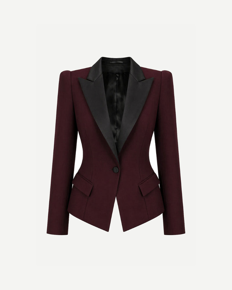 Tailory burgundy tuxedo blazer satin peak lapel front view