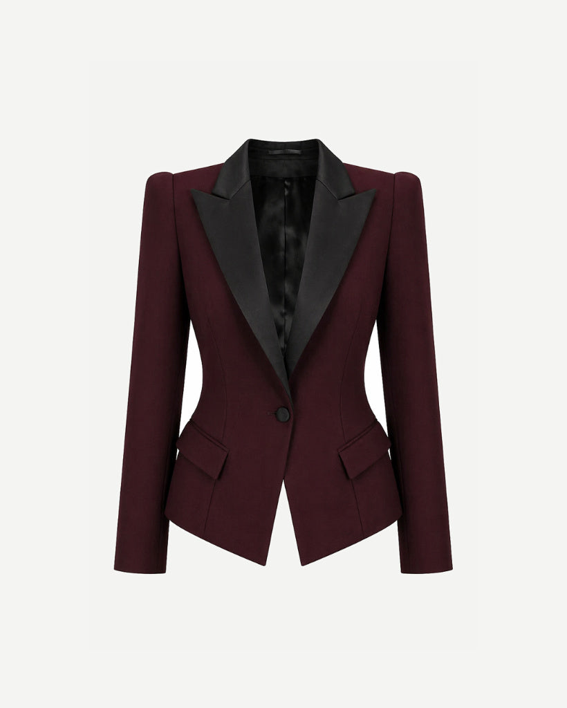 Tailory burgundy tuxedo blazer satin peak lapel front view