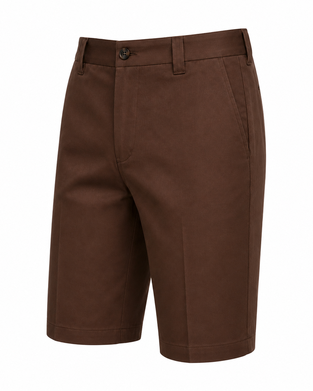 Men’s Loro Piana Tailored Bermuda Shorts in a rich chocolate brown with a structured flat front, belt loops, side pockets, and a button closure for elegant summer leisurewear.