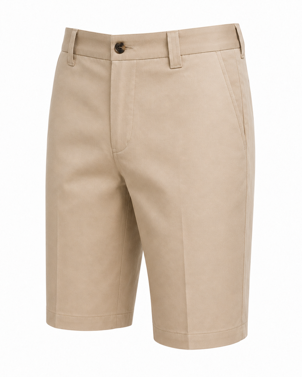 Men’s Loro Piana Tailored Bermuda Shorts in a soft beige shade, featuring a clean flat front, belt loops, side pockets, and a polished button closure for refined summer dressing.