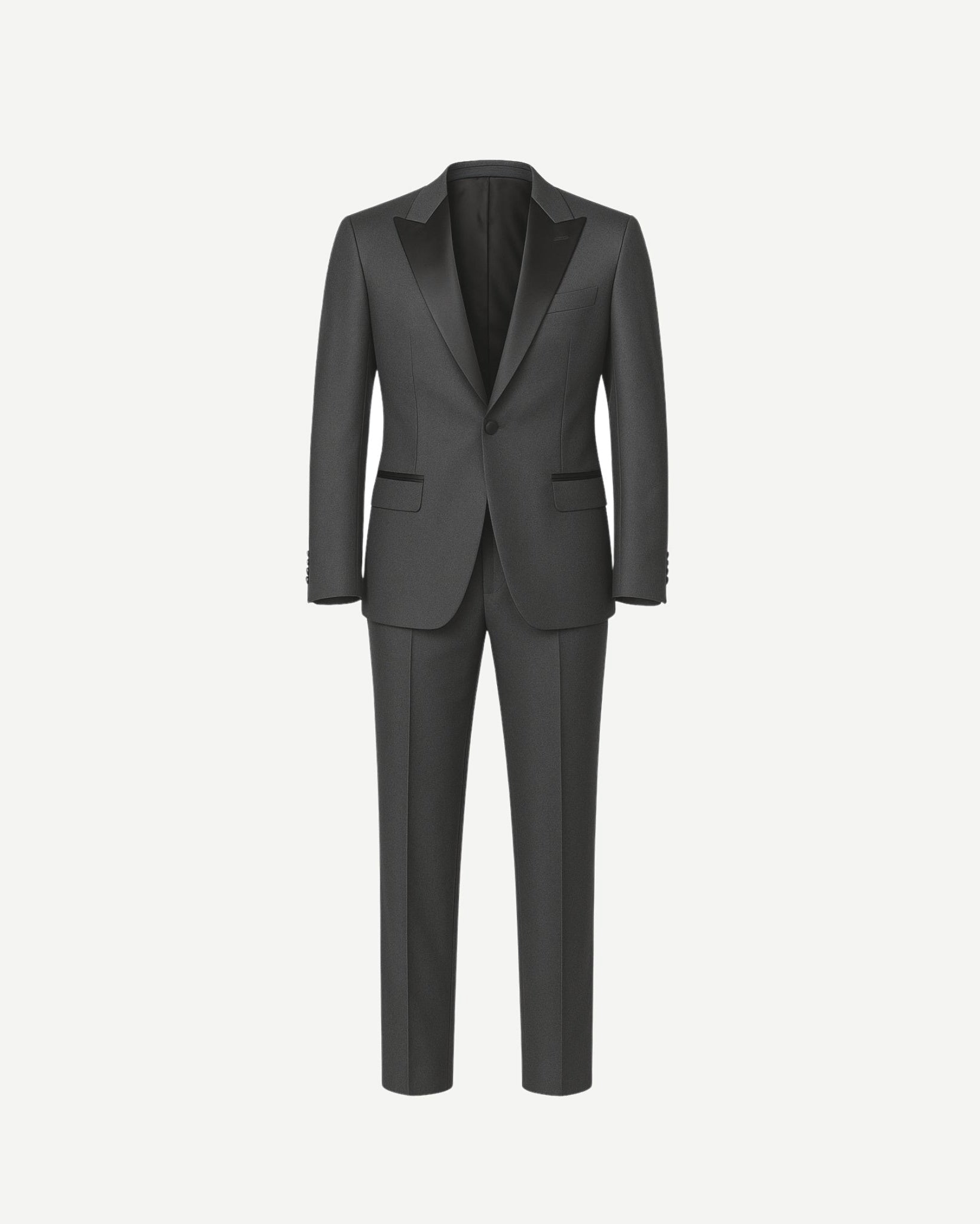 Tailory charcoal gray peak lapel wool tuxedo front view