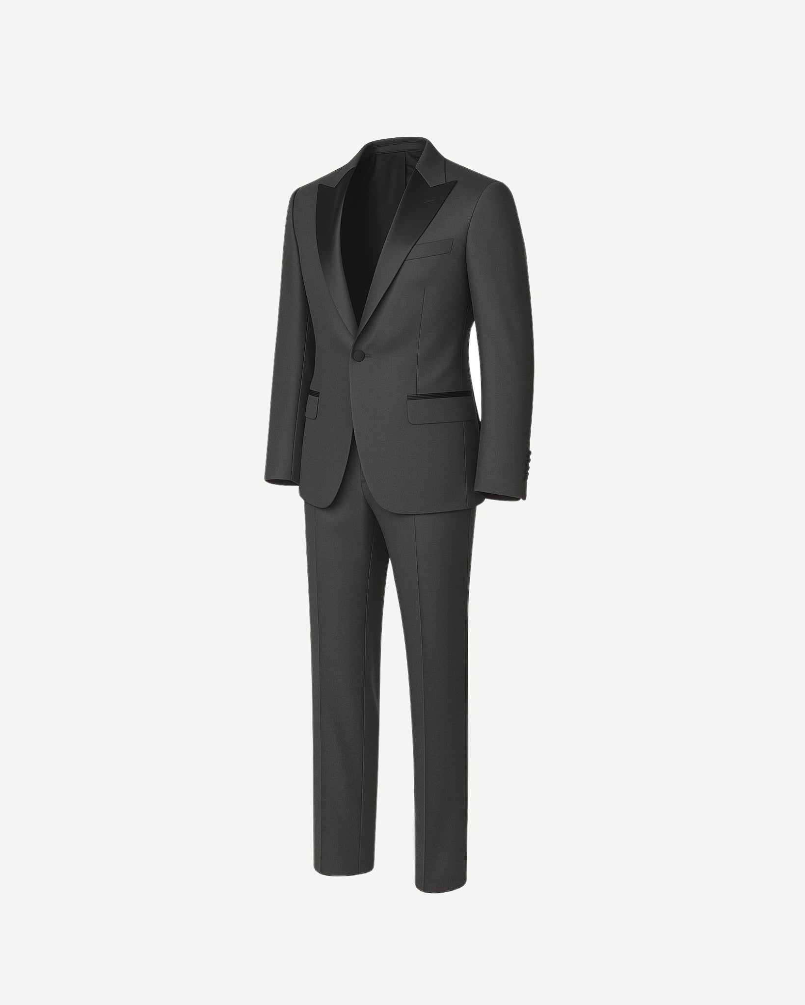 Tailory charcoal gray peak lapel wool tuxedo side view