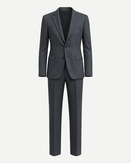 Charcoal Grey Men's Two-Piece Classics Cut Suit displayed front-facing, featuring a tailored jacket with notch lapels, two-button closure, flap pockets, and matching slim-fit trousers for a sleek formal look.