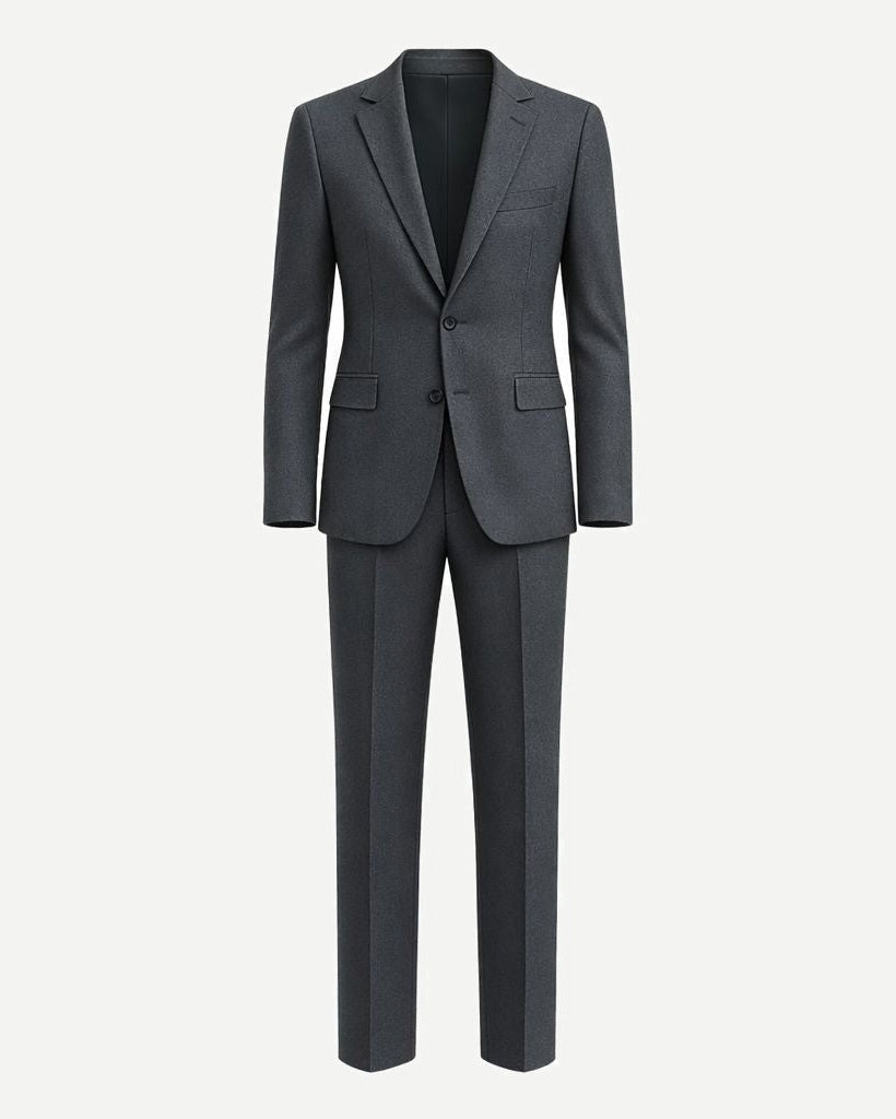 Charcoal Grey Men's Two-Piece Classics Cut Suit displayed front-facing, featuring a tailored jacket with notch lapels, two-button closure, flap pockets, and matching slim-fit trousers for a sleek formal look.