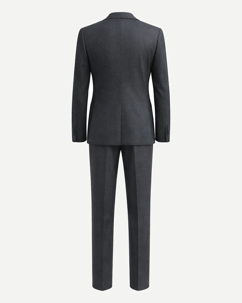 Back view of Charcoal Grey Men's Two-Piece Classics Cut Suit showcasing a tailored jacket with a smooth, structured fit and matching straight-leg trousers for timeless formalwear.