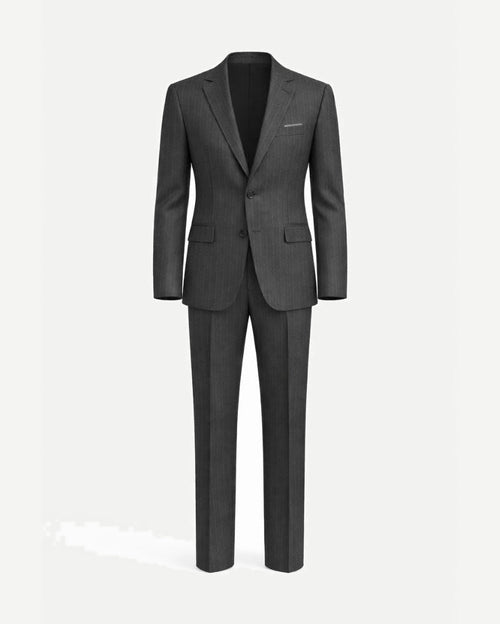 Charcoal pinstripe men's two-piece suit, front view.