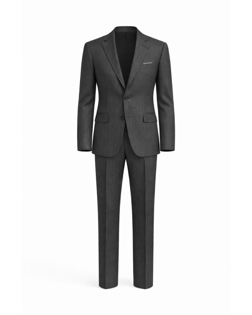 Charcoal pinstripe men's two-piece suit, front view.