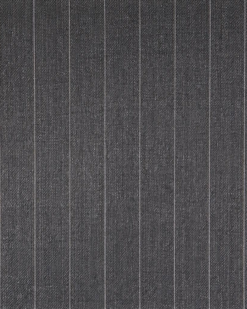 Close-up of charcoal grey pinstripe fabric texture.