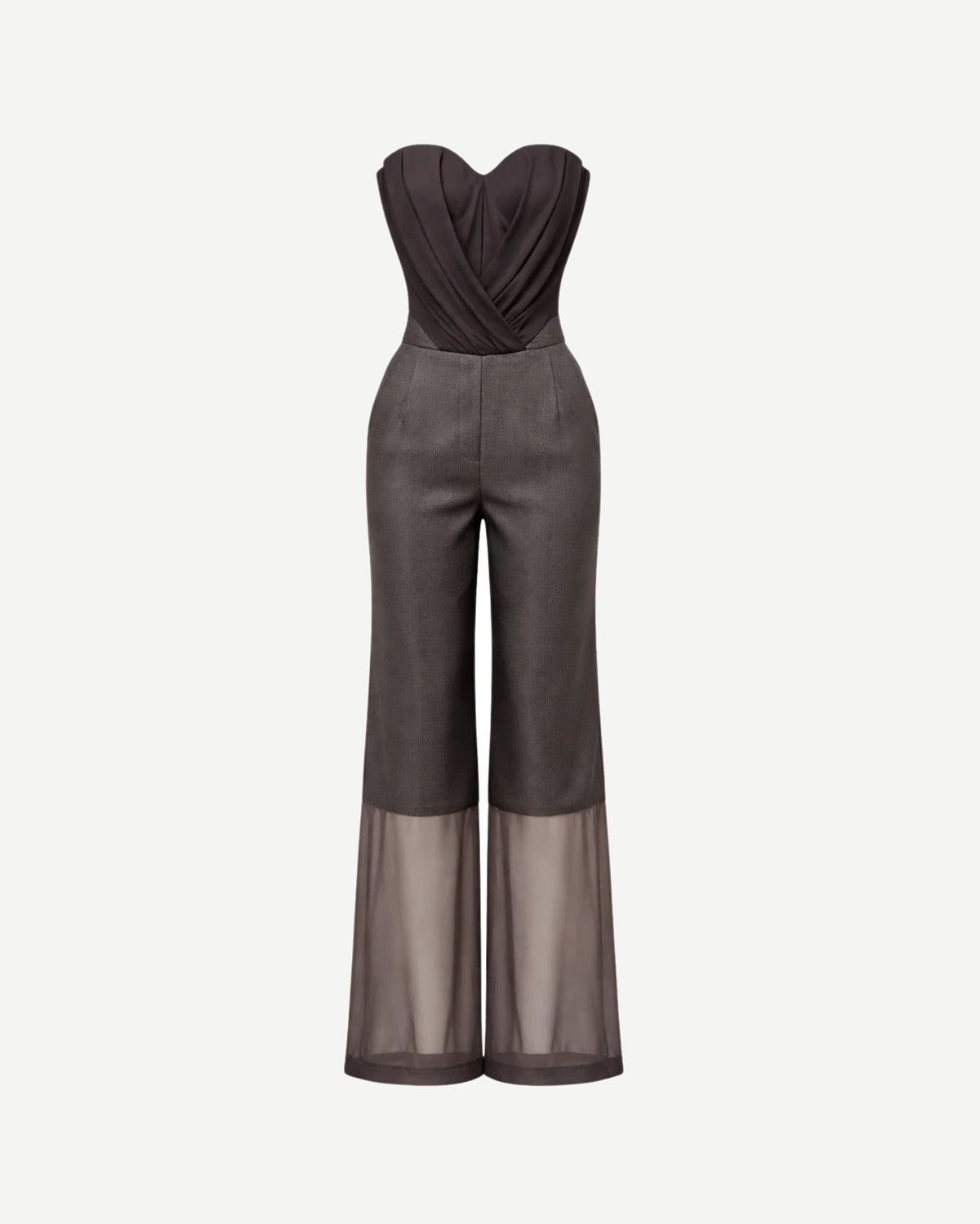 Tailory chocolate brown strapless jumpsuit with sheer hem front view