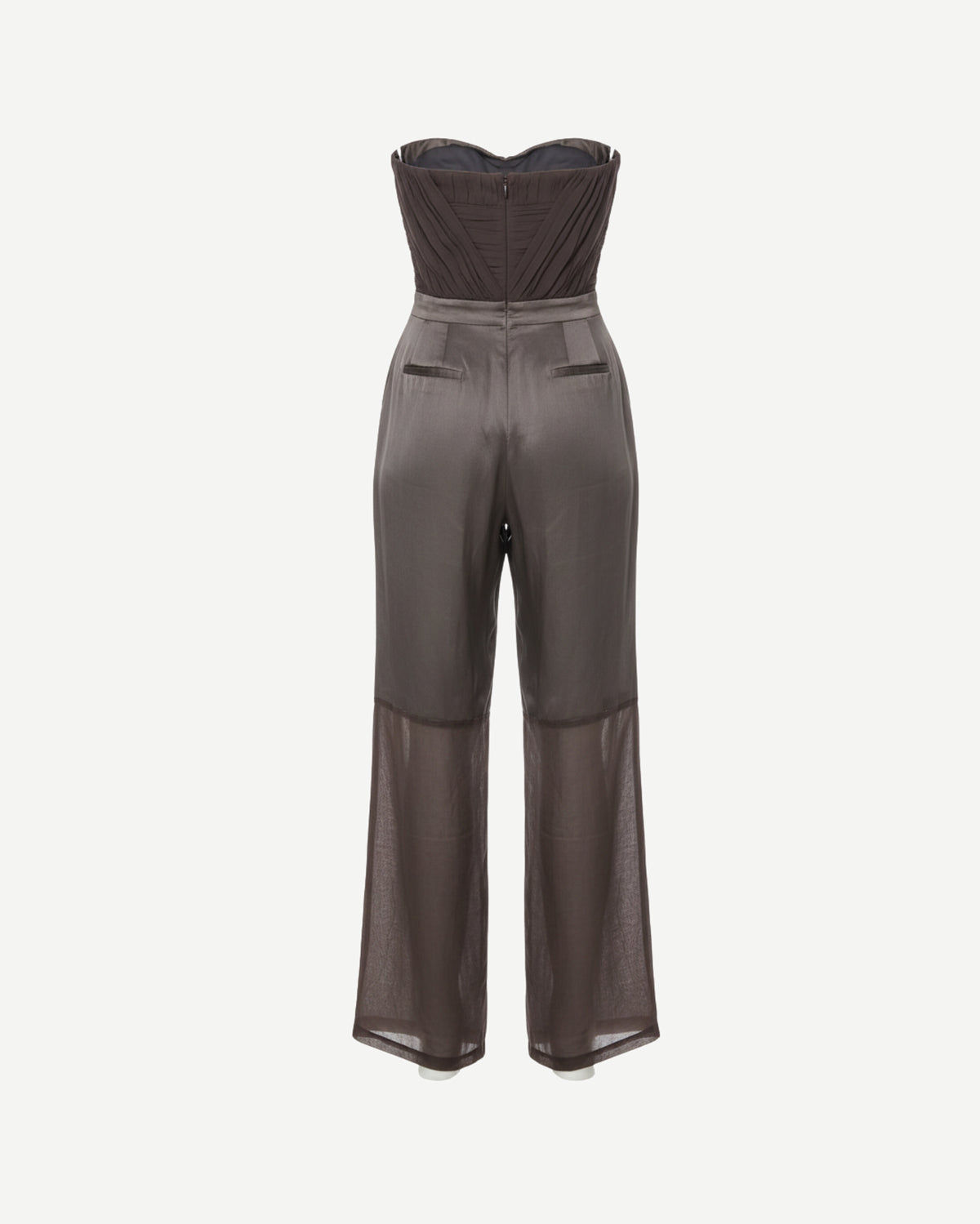 Tailory chocolate brown wide-leg jumpsuit with sheer hem back view
