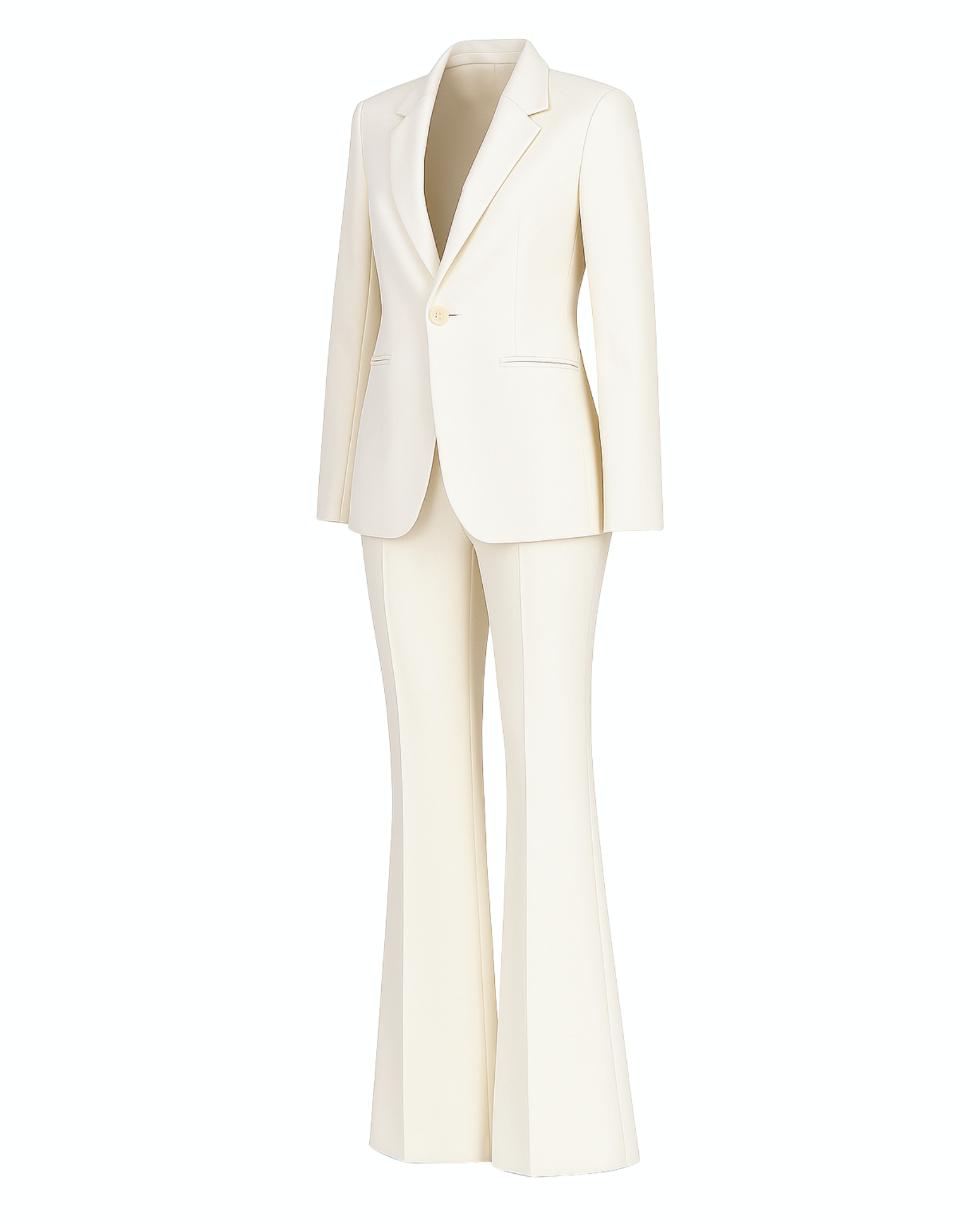 Women's Cream Shawl Lapel Women's Wedding Suit featuring a tailored single-button blazer with defined shawl lapels and flared trousers in a smooth cream fabric for a refined bridal look.