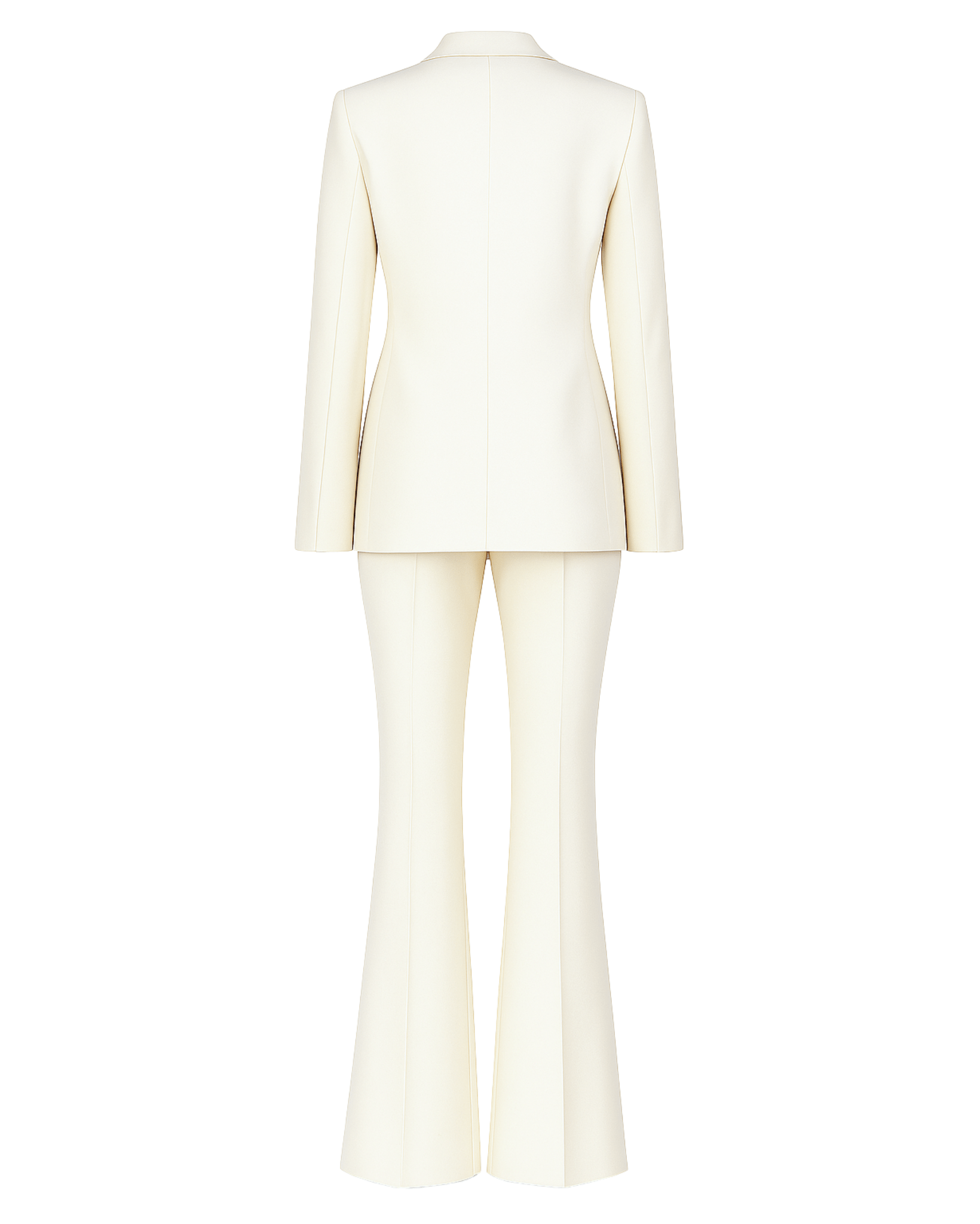 Women's Cream Shawl Lapel Women's Wedding Suit shown from the back, featuring a tailored blazer with clean lines and flared trousers in a smooth cream fabric for a modern bridal look.