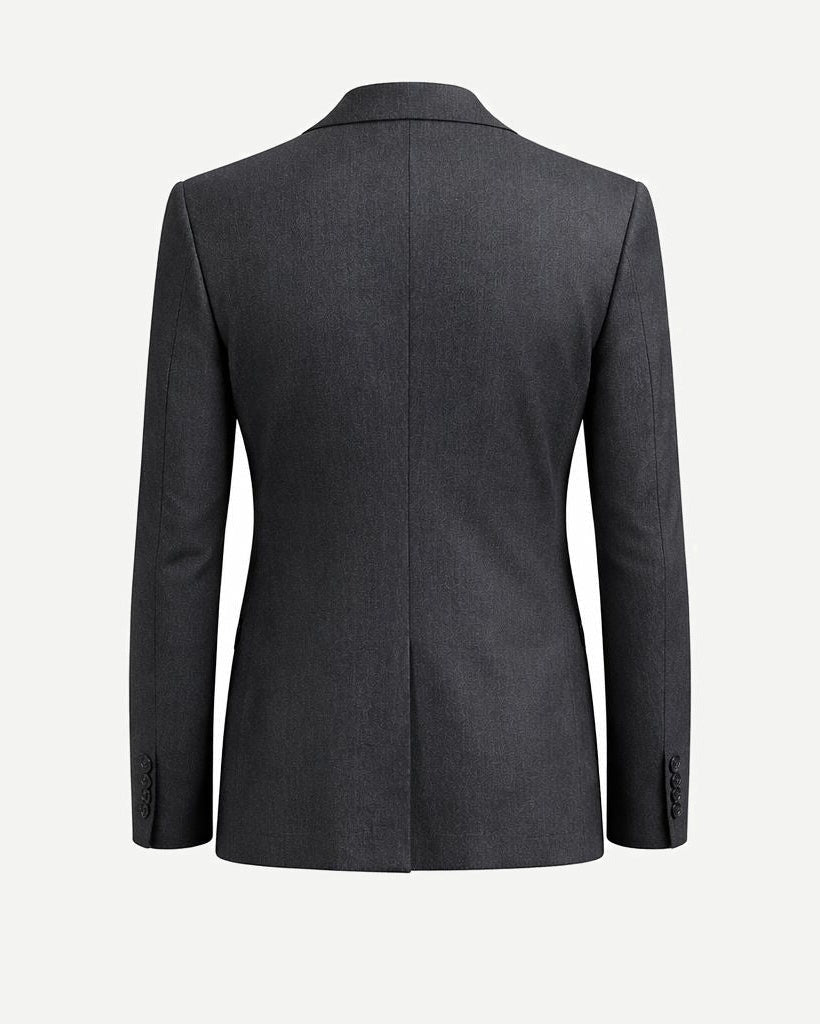 Back view of Charcoal Grey Men's Classic Cut Jacket highlighting a smooth, structured silhouette with clean lines and a single vent for refined formal and business wear.