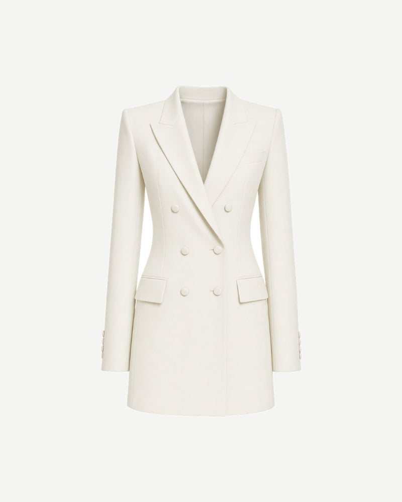 The Tailory New York cream Loro Piana cashmere silk blazer dress front view