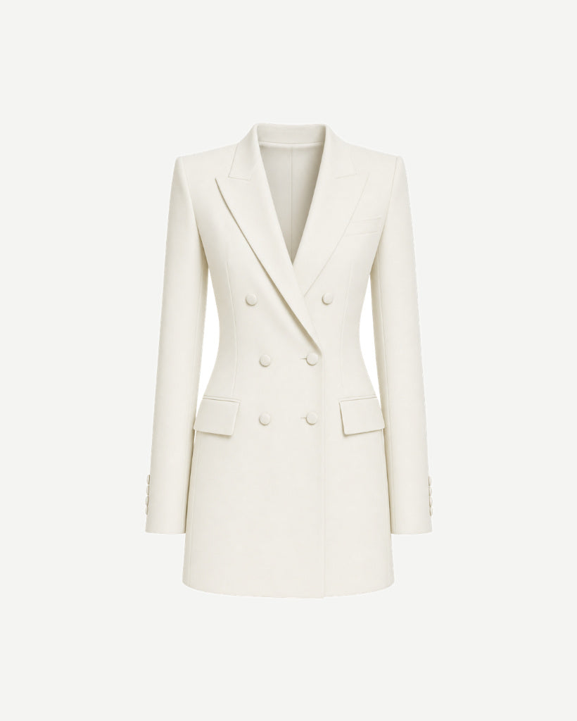 The Tailory New York cream Loro Piana cashmere silk blazer dress front view